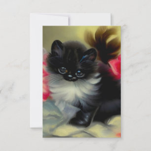 Vintage Black and White Kitten Painting RSVP Card