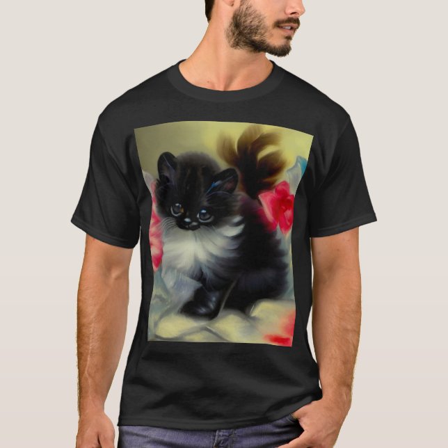 Vintage Black and White Kitten Painting T-Shirt (Front)