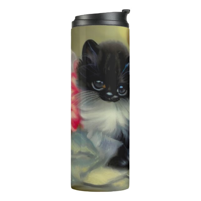 Vintage Black and White Kitten Painting Thermal Tumbler (Rotated Left)