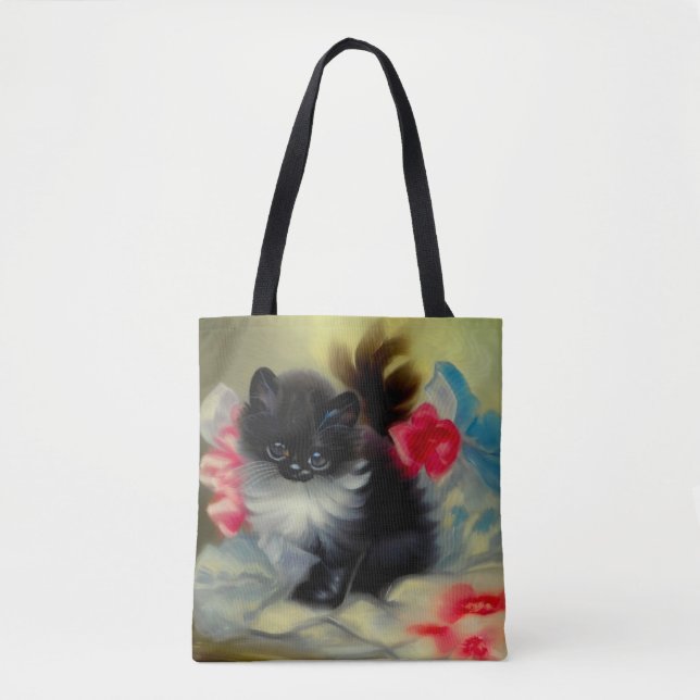 Vintage Black and White Kitten Painting Tote Bag (Front)