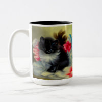 Vintage Black and White Kitten Painting