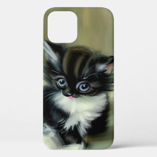 Vintage Black and White Kitten Tongue Sticking Out iPhone 12 Case