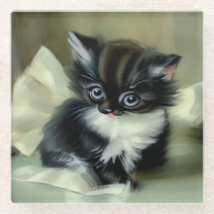Vintage Black and White Kitten Tongue Sticking Out Glass Coaster