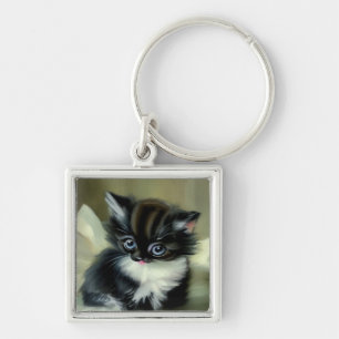 Vintage Black and White Kitten Tongue Sticking Out Key Ring