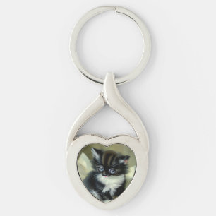 Vintage Black and White Kitten Tongue Sticking Out Key Ring