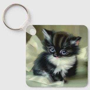 Vintage Black and White Kitten Tongue Sticking Out Key Ring