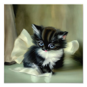 Vintage Black and White Kitten Tongue Sticking Out Photo Print