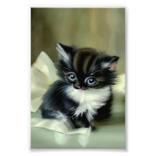 Vintage Black and White Kitten Tongue Sticking Out Photo Print