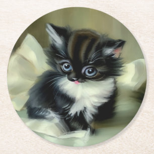 Vintage Black and White Kitten Tongue Sticking Out Round Paper Coaster