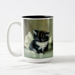 Vintage Black and White Kitten Tongue Sticking Out Two-Tone Coffee Mug