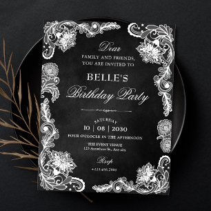 Vintage Black and white lace birthday Invitation