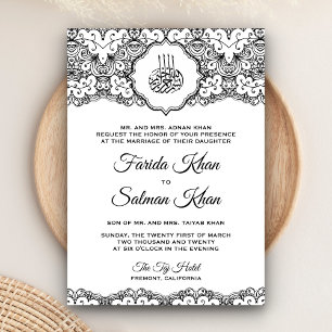 Vintage Black and White Lace Islamic Wedding Invitation