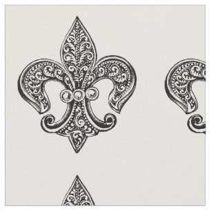 Vintage Black and White Lacy Fleur De Lis Fabric