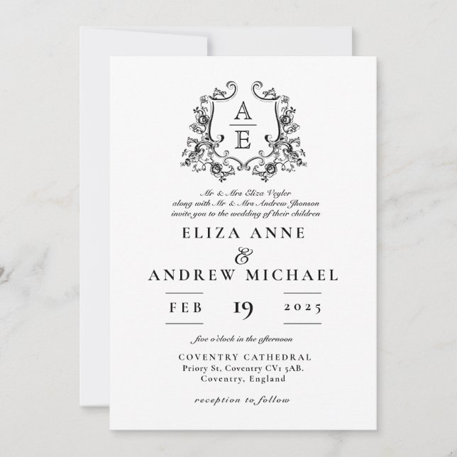 Vintage Black and  White Monogram Crest Wedding Invitation (Front)