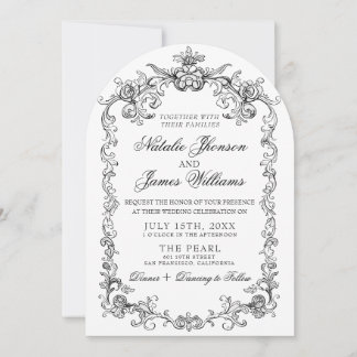Vintage Black And White Old Money Arched Wedding Invitation