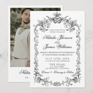 Vintage Black And White Old Money Classy Wedding Invitation