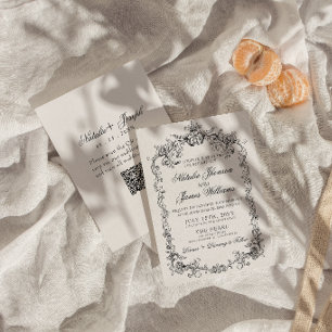 Vintage Black And White Old Money QR Code Wedding Invitation