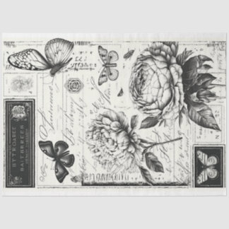 Vintage black and white peonies and butterflies tissue paper