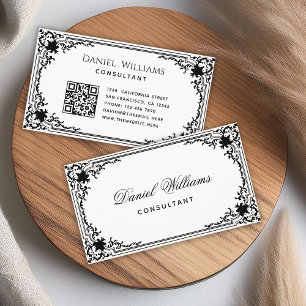 Vintage Black and White QR Code Elegant Script Business Card