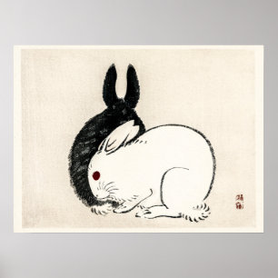 Vintage Black and white rabbits by Kōno Bairei Poster