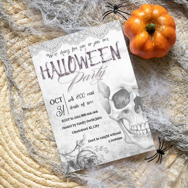 Vintage black and white skull adult halloween invitation (Creator Uploaded)