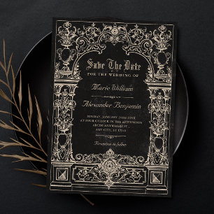 Vintage black baroque gothic arch wedding save the date