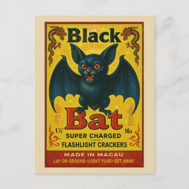 Vintage Black Bat Firecracker Label Halloween Postcard (Front)