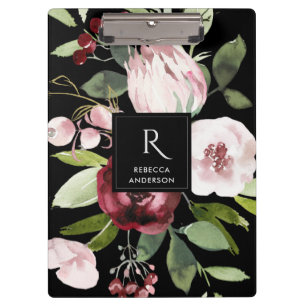 VINTAGE BLACK BLUSH PINK BURGUNDY PROTEA FLORAL CLIPBOARD