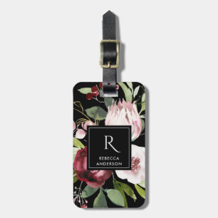 VINTAGE BLACK BLUSH PINK BURGUNDY PROTEA FLORAL LUGGAGE TAG