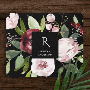VINTAGE BLACK BLUSH PINK BURGUNDY PROTEA FLORAL MOUSE PAD
