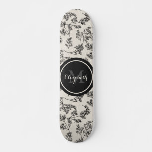 Vintage Black Botanical Floral Pattern & Monogram Skateboard