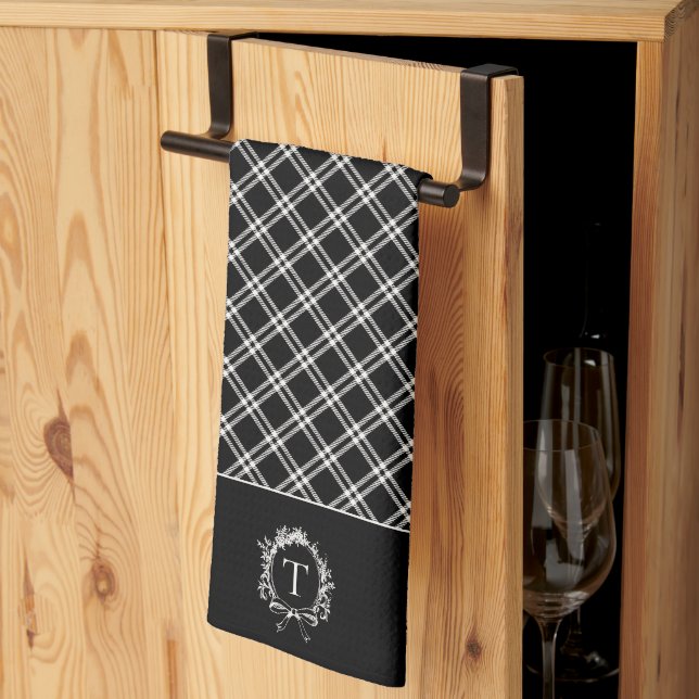 Vintage Black Botanical Monogram Tea Towel (Thirds Fold)