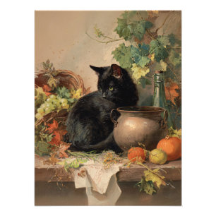 Vintage Black Cat Amid Autumn Fruits Photo Print