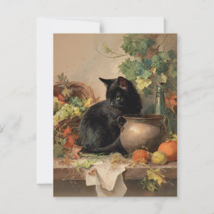 Vintage Black Cat Amid Autumn Fruits Postcard