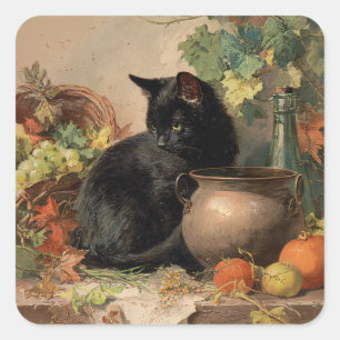 Vintage Black Cat Amid Autumn Fruits Square Sticker