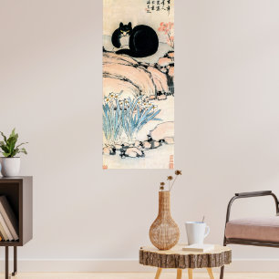 Vintage Black Cat and Narcissus by Zhu Ling   Poster