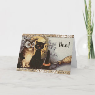 Vintage Black Cat and Owl Halloween Card