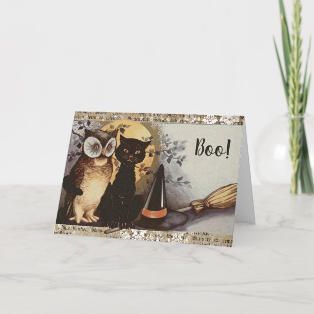 Vintage Black Cat and Owl Halloween Card (Front)