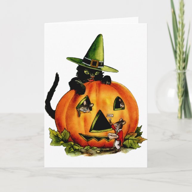 Vintage Black Cat and Pumpkin Card (Front)