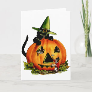 Vintage Black Cat and Pumpkin Card