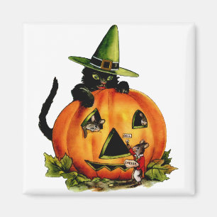 Vintage Black Cat and Pumpkin Square Magnet