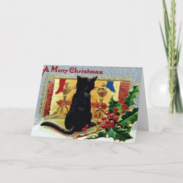 Vintage Black Cat At Christmas Holiday Card (Front)