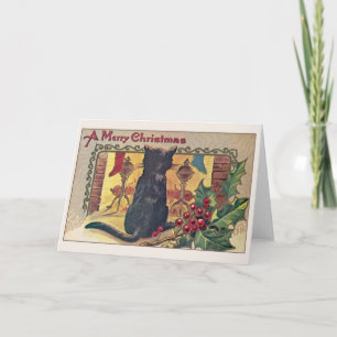 Vintage Black Cat at Fireplace Christmas Card