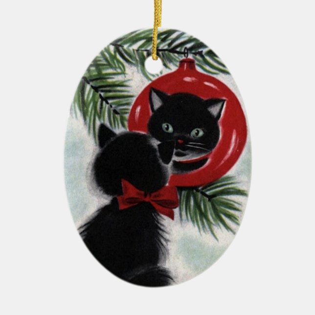 Vintage Black Cat Ceramic Christmas Ornament (Front)