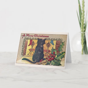 Vintage Black Cat Christmas Greeting Card