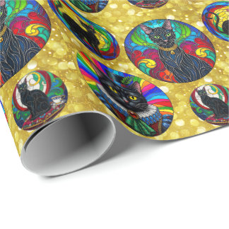 Vintage Black Cat, Colourful Mosaic Wrapping Paper