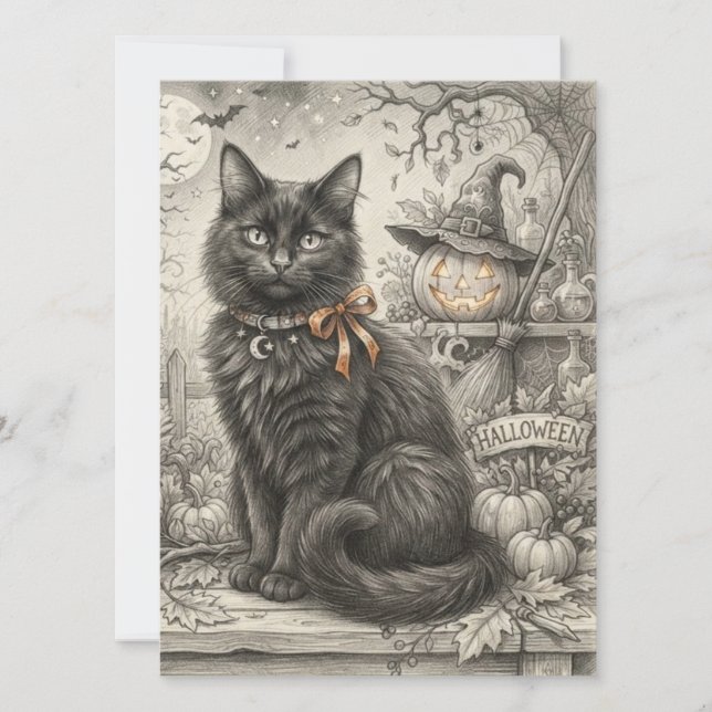 Vintage Black Cat Halloween  Card (Front)
