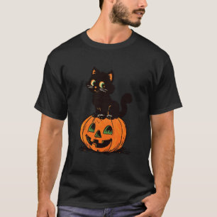 Vintage Black Cat Halloween Kitten Pumpkin Art Jac T-Shirt