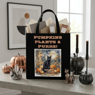 Vintage Black Cat Halloween Pumpkins Plants Purrs Tote Bag