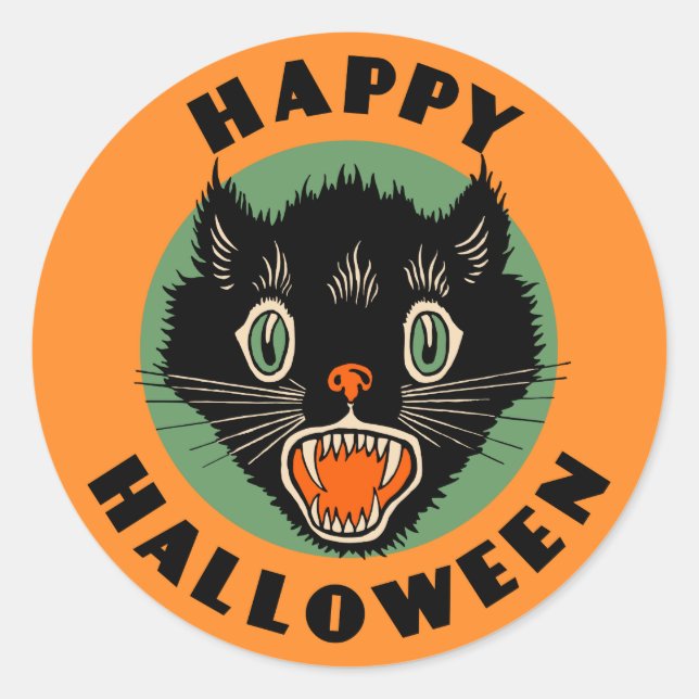 Vintage Black Cat - Happy Halloween Sticker (Front)